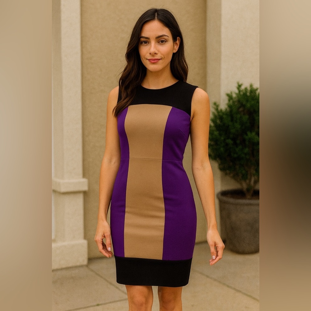 Cache Women's Size 2 Purple Black Tan Contour Colorblock Dress Sheath
Fitted! - Picture 2 of 14